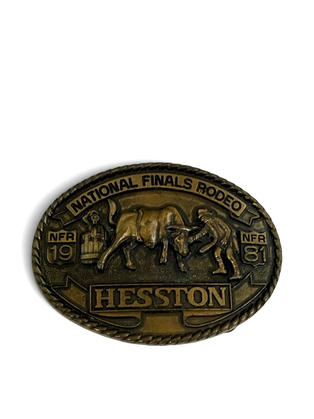 vintage 1981 Hesston National Finals Rodeo (NFR) commemorative brass belt buckle